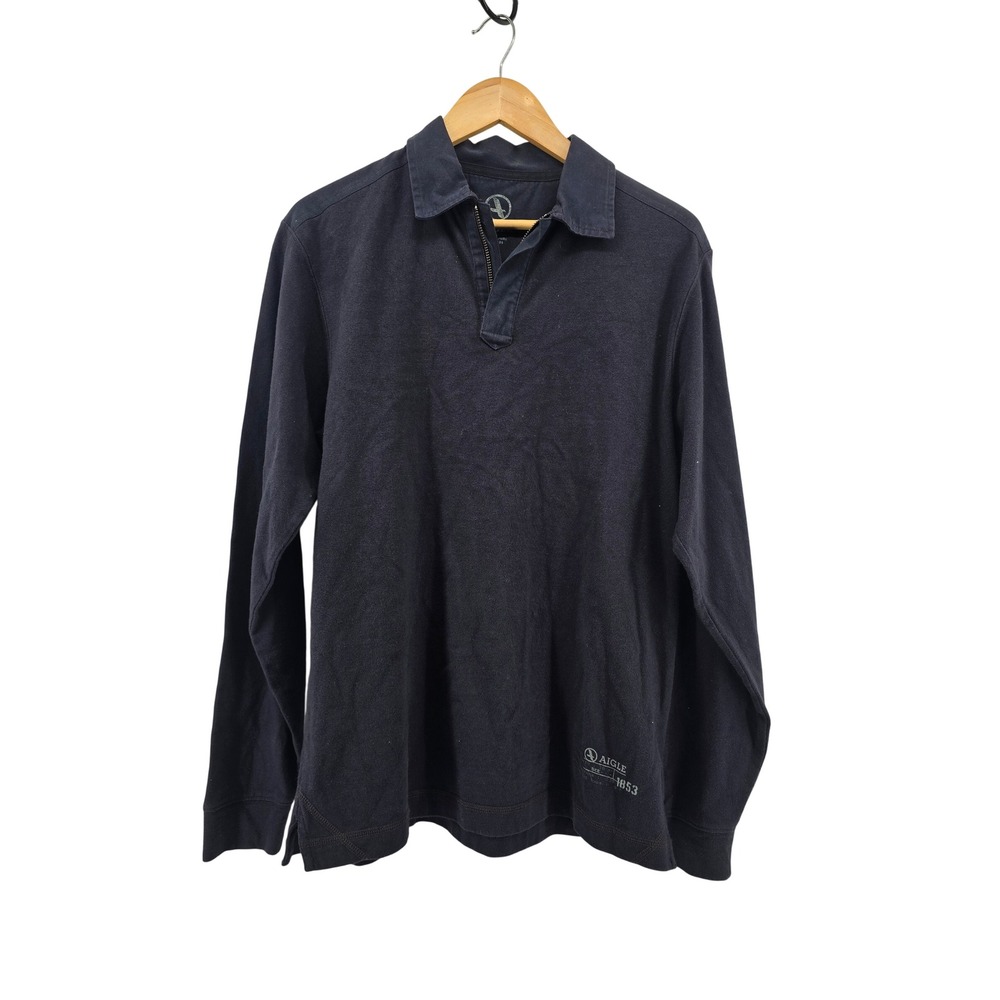 Aigle Polo Shirt Mens M Navy Blue Long‎ Sleeve Quarter Zip Cotton Heritage Logo